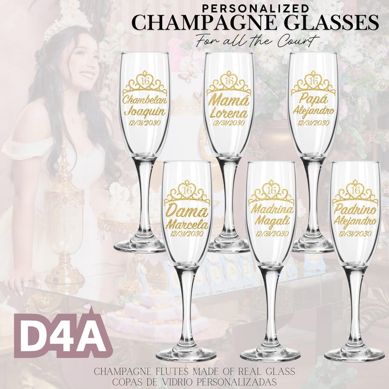 May include: Six clear champagne flutes with gold text and a crown design. Each glass is personalized with a name and date. The text "PERSONALIZED CHAMPAGNE GLASSES" is at the top. The bottom of the image reads "CHAMPAGNE FLUTES MADE OF REAL GLASS".