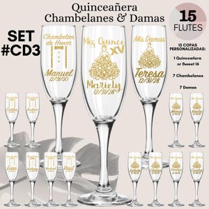 Quinceanera Copas para Brindis Copas Personalizadas Fiesta de Quince Años, Sweet 16 Toast Bundle Champagne Flutes, Copas Elegantes de Vidrio