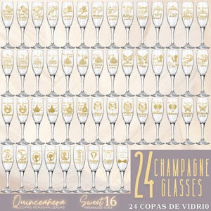 Quinceanera Copas Personalizadas Brindis Fiesta de Quince Años Champagne Flute Sweet 16 Toasting Set of 24 Copas de Vidrio, Chambelan, Damas