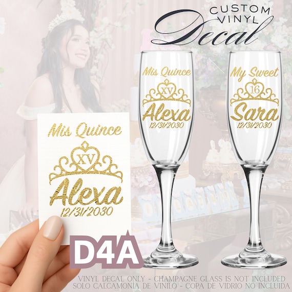 Quinceanera Copa Personalizada con Corona, Sweet 16 Tiara Theme Personalized Champagne Glass Flute