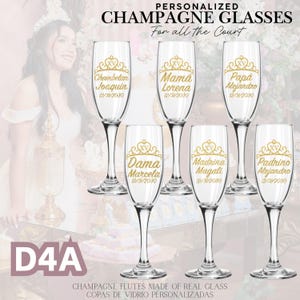May include: Six clear champagne flutes with gold text and a crown design. Each glass is personalized with a name and date. The text "PERSONALIZED CHAMPAGNE GLASSES" is at the top. The flutes are made of real glass.