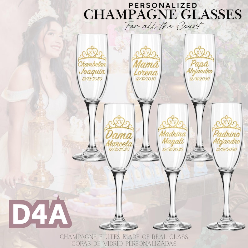 May include: Six clear champagne flutes with gold text and a crown design. Each glass is personalized with a name and date. The text "PERSONALIZED CHAMPAGNE GLASSES" is at the top. The flutes are made of real glass.