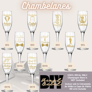 Chambelanes y Damas Calcamonía Personalizada de Vinilo ~ Vinyl Decal Chamberlain DIY Champagne Flute Personalized ~ Decora Copas Quinceanera
