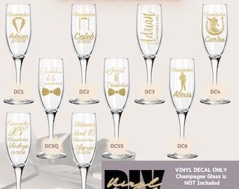 May include: A set of 10 champagne flute glass decals with gold vinyl designs. The decals feature various designs, including a tuxedo, a bow tie, a cowboy boot, and the text "Sweet 16 Chamberlain". The decals are labeled with the letters DC1 through DC7Q and DC7S. The text "VINYL DECAL ONLY Champagne Glass is NOT Included" is printed at the bottom of the image.