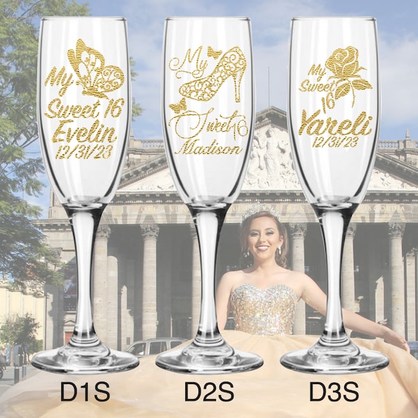 Sweet 16 Flutes for Toast Brindis, Personalized Champagne Glasses, Sweet 16 Wine Glass, Handmade Party Favors Copas de Vidrio Personalizadas