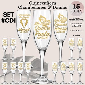 Quinceanera Copas para Brindis Copas Personalizadas Fiesta de Quince Años, Sweet 16 Toast Bundle Champagne Flutes, Copas Elegantes de Vidrio