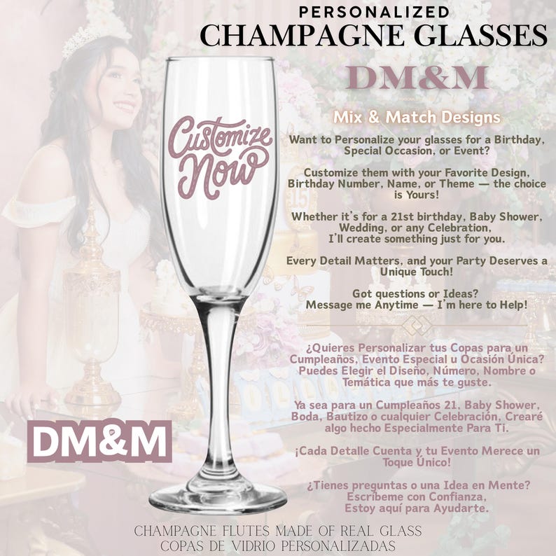 May include: A clear champagne flute with a long stem, featuring the text "Customize Now" in a cursive font. The image also includes the text "Personalized Champagne Glasses" and "DM&M".