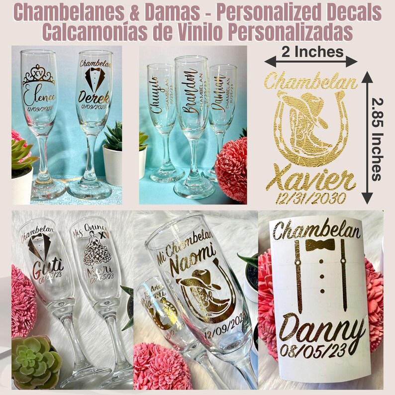 May include: A collection of personalized champagne flutes and decals. The flutes feature gold lettering with names and dates. Decals include a cowboy boot and horseshoe design, a tuxedo, and names with dates. The decals measure 2 inches by 2.85 inches.