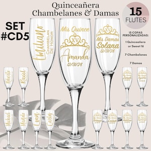 Quinceanera Copas para Brindis Copas Personalizadas Fiesta de Quince Años, Sweet 16 Toast Bundle Champagne Flutes, Copas Elegantes de Vidrio