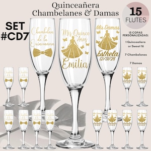 Quinceanera Copas para Brindis Copas Personalizadas Fiesta de Quince Años, Sweet 16 Toast Bundle Champagne Flutes, Copas Elegantes de Vidrio