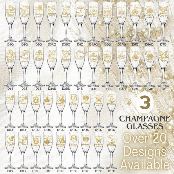 Copas de Vidrio Personalizadas para Quinceañera Brindis o Sweet 16 Toast! Personalized Champagne Flutes Real Glass Cup Set of 3 - Incluye 3