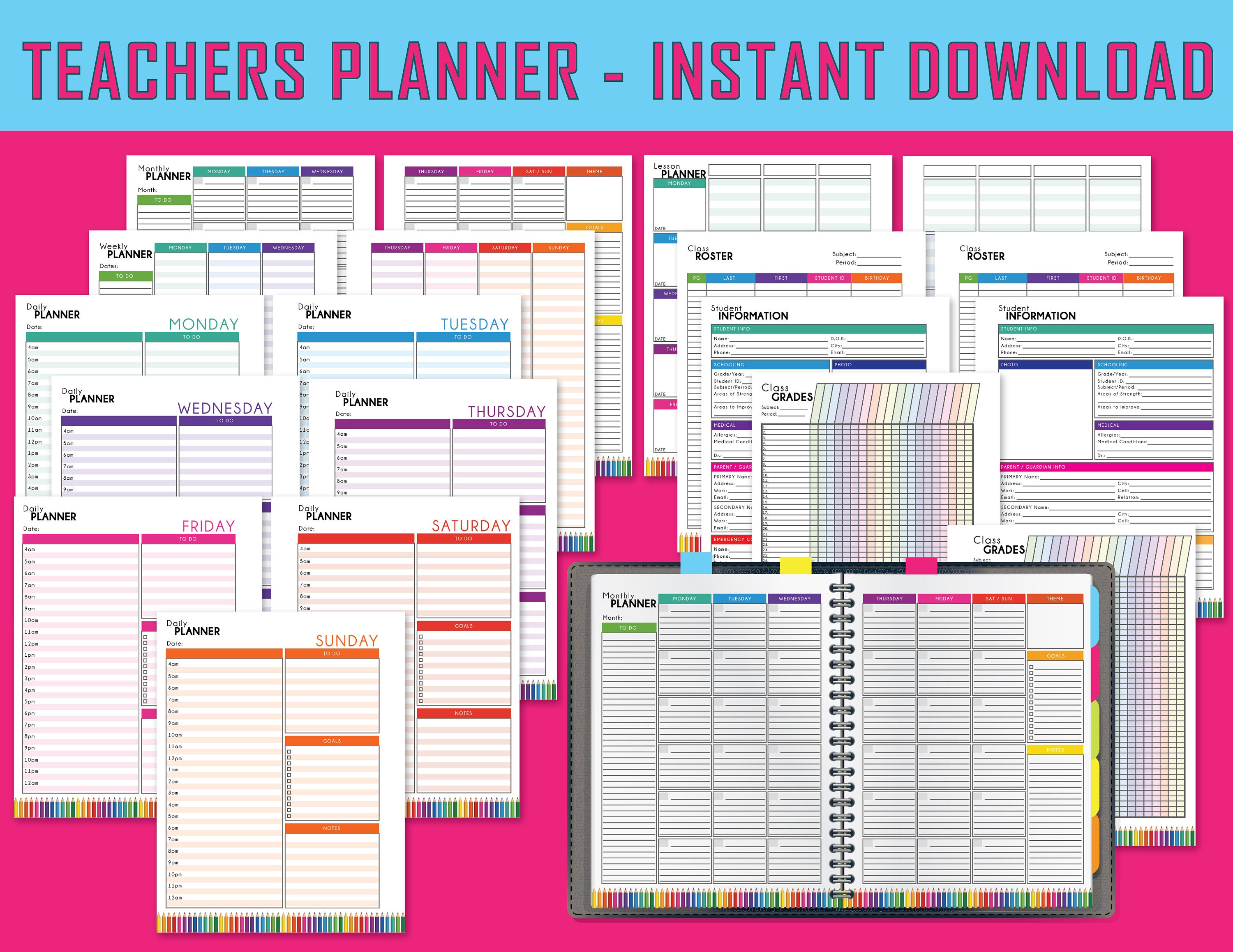Colorful Teacher Planner, Printable Lesson Planner, Teacher