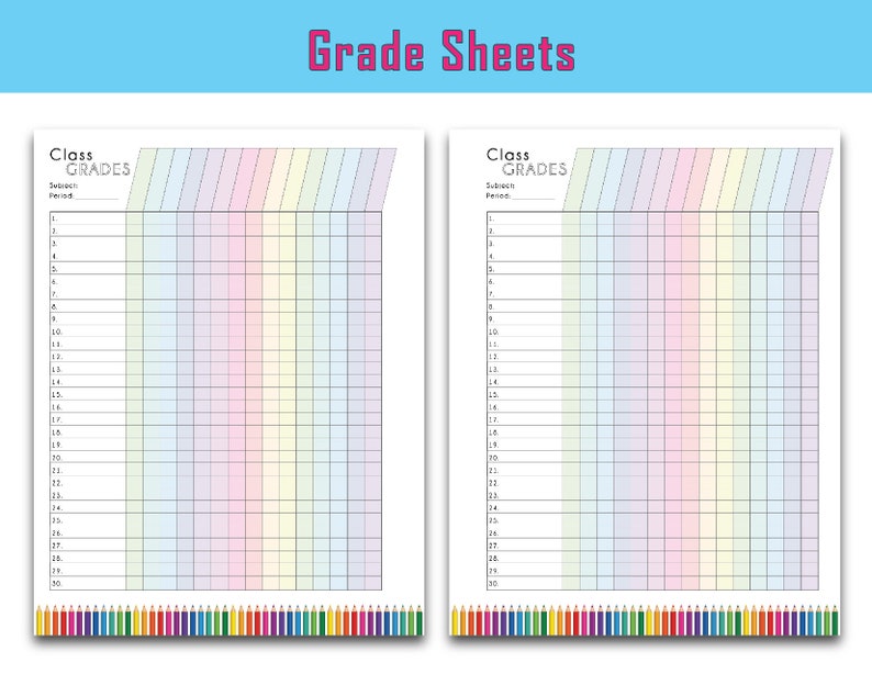 Colorful Teacher Grade Sheet, Printable Grade Log, Teacher Gradebook, Full Page, 3 options Instant Download image 3