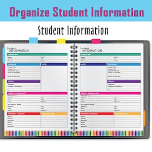 Pode incluir: Uma pasta preta e cinza de informações para estudantes com abas coloridas e uma encadernação em espiral. A pasta tem seções para informações do aluno, escolaridade, informações médicas, informações de pais/tutores, contatos de emergência e informações adicionais.