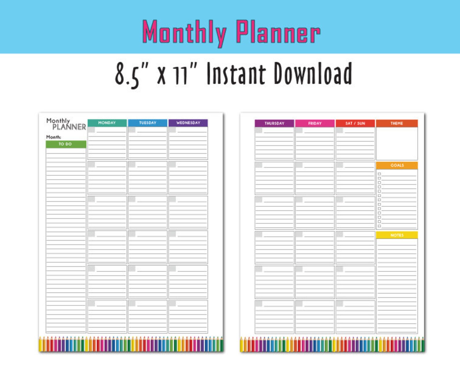 Monthly Planner, Agenda, Blank Calendar, Calendar - Instant Download - Etsy