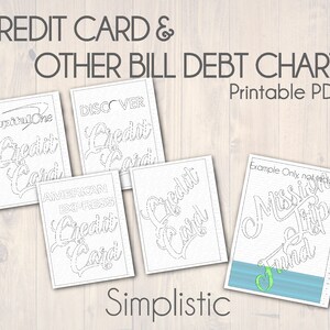 May include: A collection of printable PDF charts for tracking credit card and other bill debts. The designs feature stylized text for various credit card brands and a sample chart labeled "Mission Trip Fund."