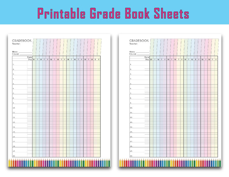 Colorful Teacher Grade Sheet, Printable Grade Log, Teacher Gradebook, Full Page, 3 options Instant Download image 4