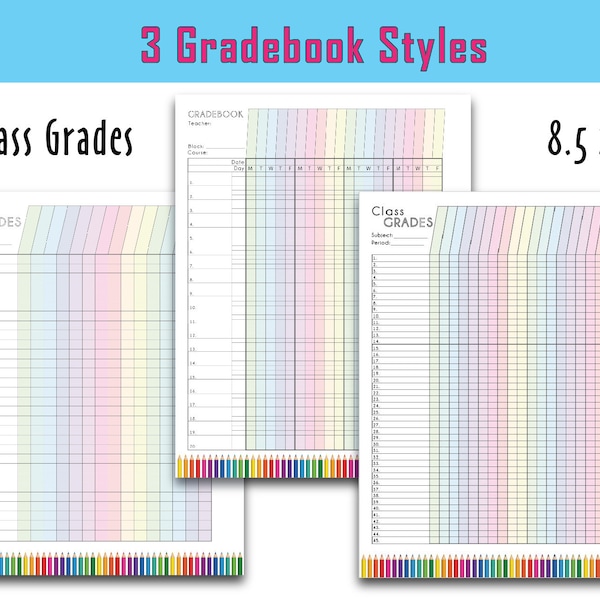 Colorful Teacher Grade Sheet, Printable Grade Log, Teacher Gradebook, Full Page, 3 options -  Instant Download