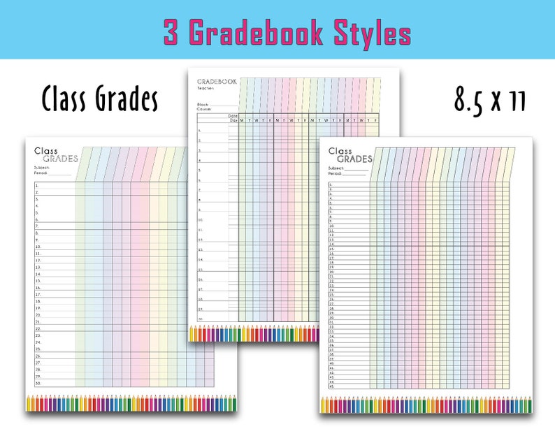 Colorful Teacher Grade Sheet, Printable Grade Log, Teacher Gradebook, Full Page, 3 options Instant Download image 1