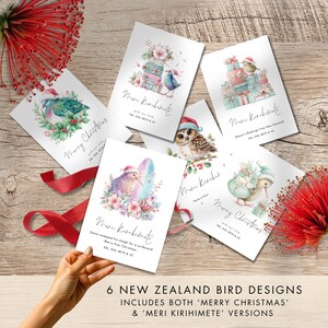 6 printable New Zealand bird Christmas cards, featuring kiwis, owl, pūkeko, and kererū designs with festive florals and Santa hats. Includes ‘Meri Kirihimete’ and ‘Merry Christmas’ text variations. Instant download editable in Corjl.