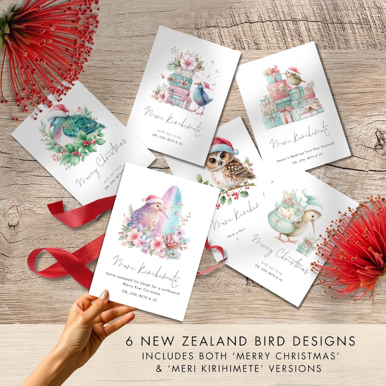 6 printable New Zealand bird Christmas cards, featuring kiwis, owl, pūkeko, and kererū designs with festive florals and Santa hats. Includes ‘Meri Kirihimete’ and ‘Merry Christmas’ text variations. Instant download editable in Corjl.