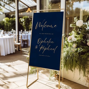 Printable Navy Blue Wedding Welcome Sign Template, INSTANT DOWNLOAD, Gold Lettering, Editable Canva Template, Elegant Minimalist - we-04