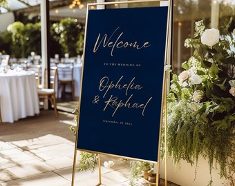 Druckbare marineblaue Hochzeit Willkommensschild Vorlage, SOFORTIGER DOWNLOAD, goldener Schriftzug, bearbeitbare Canva Vorlage, elegant minimalistisch - we-04