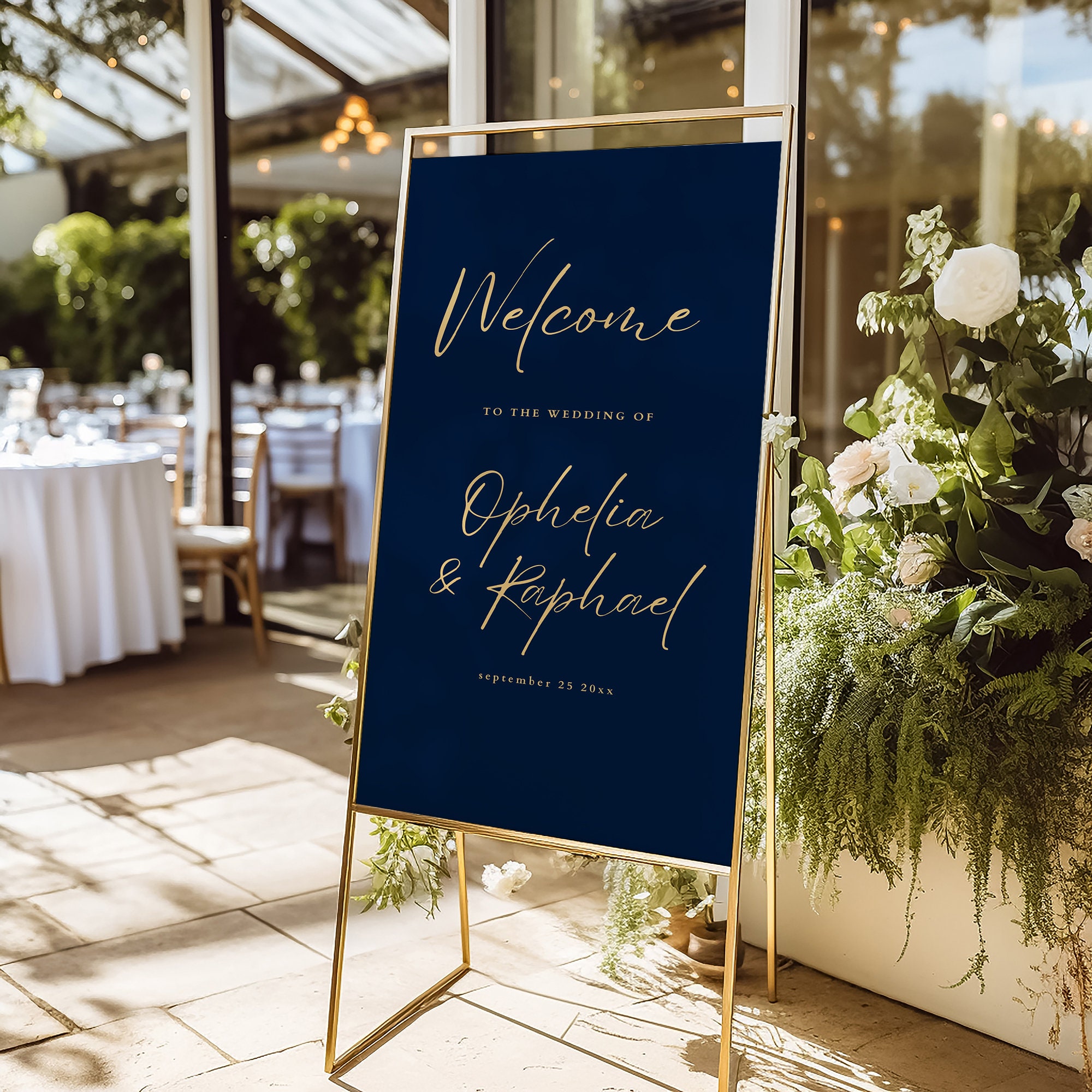 Printable Navy Blue Wedding Welcome Sign Template, INSTANT DOWNLOAD, Gold Lettering, Editable Canva Template, Elegant Minimalist - we-04