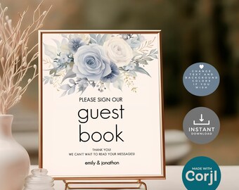 Dusty Blue Florals Wedding Guest Book Table Sign Template, Printable INSTANT DOWNLOAD, Light Blue Flowers, Modern Corjl Editable we-26