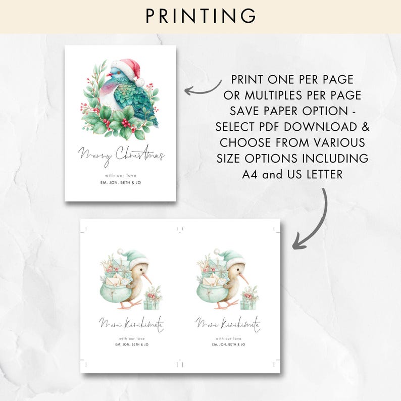 Op de afbeelding: Kerstkaarten om af te drukken met aquarel illustraties van een vogel met een kerstmuts en een kiwi met een wintermuts. De kaarten bevatten de tekst "Merry Christmas" en "Print &eacute;&eacute;n per pagina of meerdere per pagina."