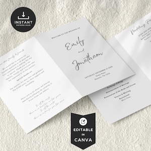 Printable Church Wedding Folded Program Canva Template, INSTANT DOWNLOAD, Black White, Minimalist Order of Service- we-01