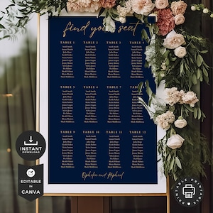 Druckbares Hochzeitsschild Sitzplan finden, sofortiger Download, Gold Navy Sitzplan, bearbeitbare Canva Vorlage, Sitzplan minimalistisch - we-04