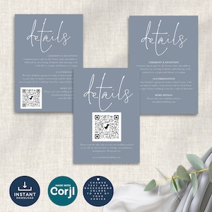 May include: Three blue-gray wedding details cards with white script text. The word "details" is at the top of each card. The cards include ceremony and reception information, accommodation details, and a QR code for more information.