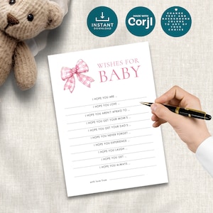 Pink Bow Wishes for Baby Template, INSTANT DOWNLOAD, Gingham Baby Shower, Party Game Activity, Predictions Advice Card, Corjl Editable BA-16