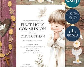 First Holy Communion Invitation for Boy Minimalist Template, Printable INSTANT DOWNLOAD, Electronic Phone Invite Corjl Editable cm-01