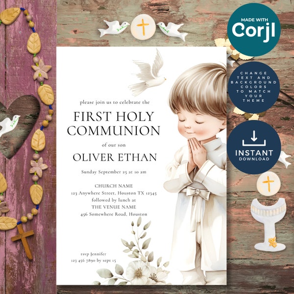 First Holy Communion Invitation for Boy Minimalist Template, Printable INSTANT DOWNLOAD, Electronic Phone Invite Corjl Editable cm-01