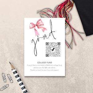 Pink Bow College Fund Grad Enclosure Template, Printable INSTANT DOWNLOAD, QR Code, High School Graduation, 3.5 x 5" Corjl Editable gr-12