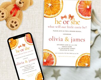 Little Cutie Gender Reveal Invitation Template INSTANT DOWNLOAD, He She, Boy or Girl, Orange Baby Shower, Phone Invite, Corjl Editable BA-24