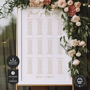 May include: A white printable seating chart with a gold frame and gold text. The chart is titled "find your seat" and lists tables 1 through 12 with names of guests assigned to each table. The bottom of the chart reads "Ophelia and Raphael".