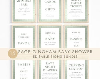 Sage Green Gingham Baby Shower Signs Bundle | 15 Printable Editable Corjl Templates, Gender Neutral Baby Shower Decorations, 8 x 10" BA-30