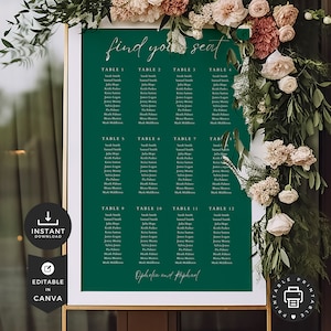 May include: A green wedding seating chart with white text. The chart is titled "Find your seat" and lists tables 1 through 12 with guest names. The bottom of the chart reads "Ophelia and Raphael".