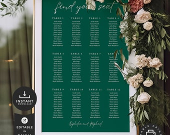 Printable Find Your Seat Wedding Sign, INSTANT DOWNLOAD, Emerald Green Seating Chart, Editable Canva Template, Seating Plan Minimal - we-07