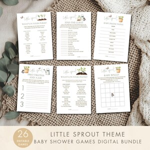 May include: A collection of six printable baby shower games with a "Little Sprout" theme. The games include "What's in Your Purse?", "Find the Guest", "Baby Predictions", "Two Truths and a Lie", "What's on Your Phone?", and "Baby Bingo". The bundle includes 26 editable games.