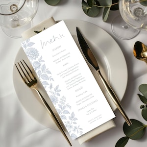 Floral Toile Wedding Table Menu Template, Printable INSTANT DOWNLOAD, French Chinoserie, Dusty Blue Toile de Jouy, 4x9, Corjl Editable we-44