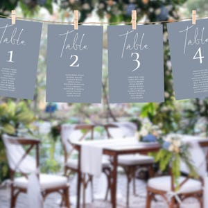 Table Number Names Seating Chart, Template, Printable INSTANT DOWNLOAD, Hanging Seating Plan Card, Dusty Blue, Wedding Corjl Editable we-35