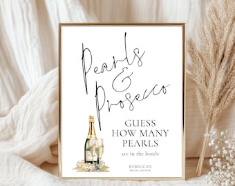 Pearls & Prosecco Bridal Shower Sign Template, Printable INSTANT DOWNLOAD, Guess How Many Pearls in Bottle Game 8 x 10" Corjl Editable BR-30