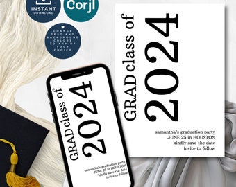 Graduation Party Save the Date Template, Class 2024 Printable INSTANT DOWNLOAD, Rotated, Black White, Electronic Evite Corjl Editable gr-06