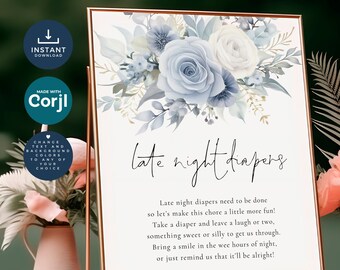 Late Night Diapers Floral Sign, Baby Shower Table Signage Template, Printable INSTANT DOWNLOAD, Dusty Blue Flowers, Corjl Editable BA-01