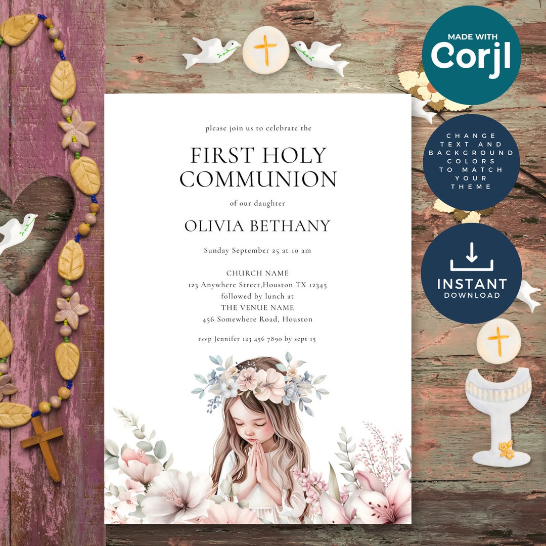 First Holy Communion Invitation Girl Praying, Modern Template ...