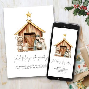 Nativity Christmas Card Template, Printable INSTANT DOWNLOAD, Holiday Phone Greeting, Glad Tidings Great Joy Lyric, Corjl Editable CH-27